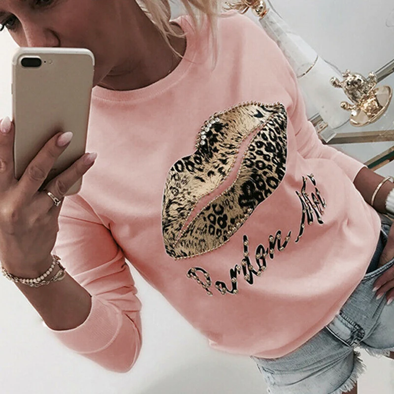 Beading Pink Женская блуза с блестками и принтом, повседневный пуловер с губами на осень и зиму, Топ с длинным рукавом и бисером, женская модная Свободная блуза с круглым вырезом - Цвет: Beading Pink