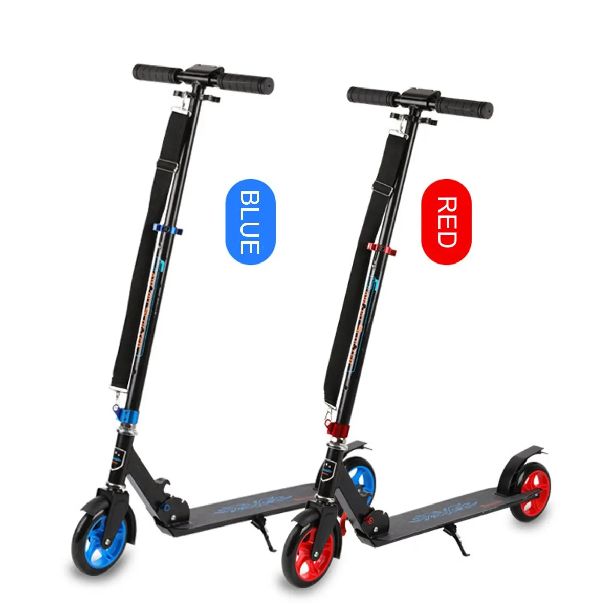 Регулируемый по высоте самокат для взрослых складной скейтборд из алюминиевого сплава для бездорожья, езды на заднем тормозе 2 колеса скутеры 100 кг синий/красный