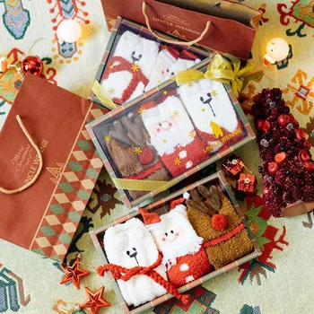

3pairs/lot Women Christmas Socks In Box Thick Warm 3D Animal Socks Femme Soft Long Happy Socks Xmas Christmas Gift Calcetines mujer