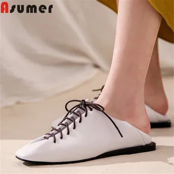 

ASUMER 2020 top quality genuine leather flat shoes women square toe spring summer single shoes lace up ladies casual shoes