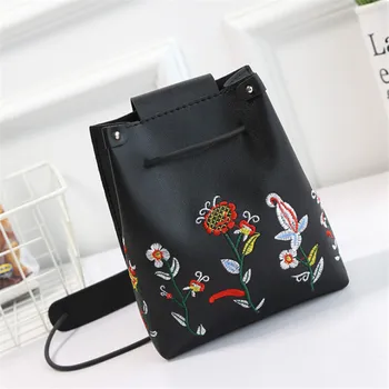 

LKEEP Shoulder Bags High Quality PU Leather Girls Retro Simple Embroidery Floral Bucket Handbag Women Shoulder Bags