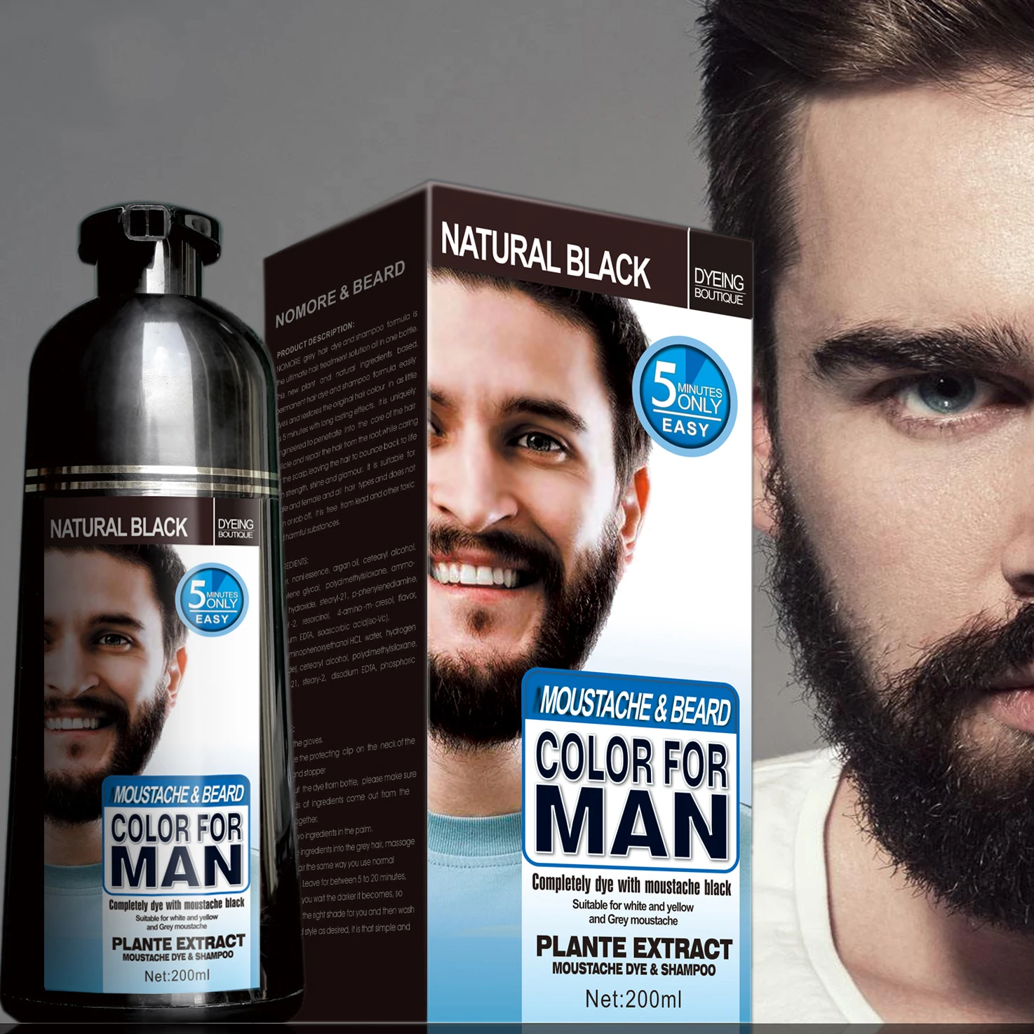 

2pcs/Lot Mokeru 200ml permanent beard dye black shampoo for men beard coloring dye fast removal white grey beard hair