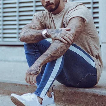 

Vogue Men Skinny Jeans Bands Male Hole Side Stripe Zipper Distressed Stretch Jeans Homme VogueRipped Tore Jeans For Men