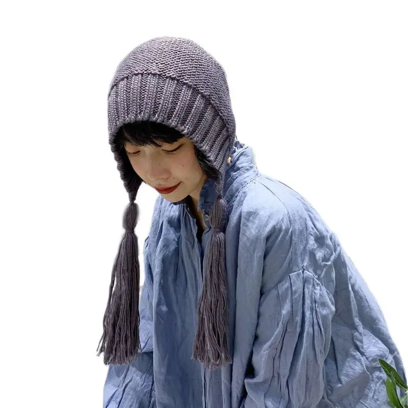 Womens Handmade Knitted Hood Hat with Braided Long Tassels Ethnic Vintage Solid Color Winter Warm Earflap Slouchy Beanie Cap