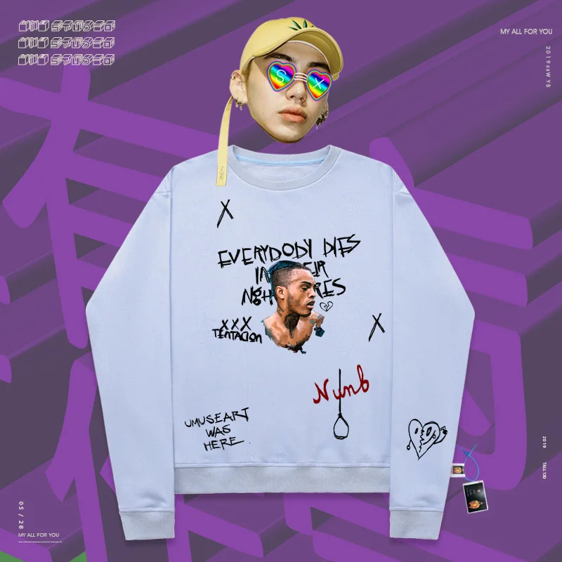 Хип-хоп рэп певец Xxxtentacion свитшоты с принтом сердца High Street с круглым вырезом свитер - Цвет: baby blue