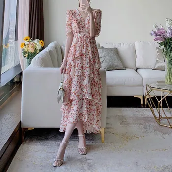 

Women Dress Spring / Summer 2020 New V-neck Floral Cascading Ruffle Long Dress