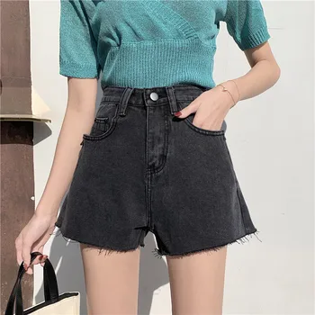 

Women's Denim Shorts Korean Vintage High Waist Black Wide Leg Tassel Shorts Jeans Casual Summer Ladies Short Jeans