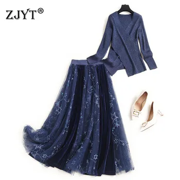 

2020 New Autumn Winter Two Piece Outfits Women Elegant Designer V Neck Knitted Top and Mesh Skirt Suit Fashion Lady Outfits