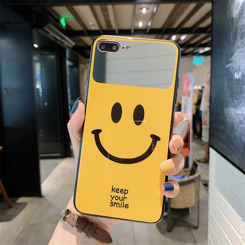Простой креативный зеркальный чехол для телефона со смайликом для IPhone 11 Pro XS Max XR 7 8 6S Plus модный ремешок из закаленного стекла - Цвет: Yellow