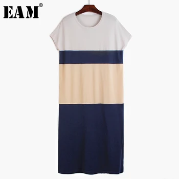 

[EAM] Women Blue Striped Split Big Size Long Dress New Round Neck Short Sleeve Loose Fit Fashion Tide Spring Summer 2020 1T218