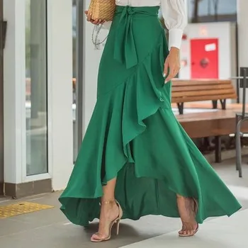 

Elegant Green Long Skirts Side Slit Ruffles Formal Event Women Custom Made Skirts