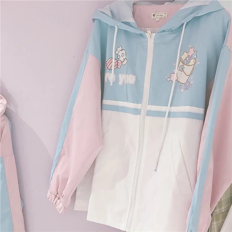 Harajuku Mori/Свободная куртка на молнии с мультяшным принтом в стиле пэчворк для девочек; мягкая осенняя куртка с капюшоном для студентов и японских женщин - Цвет: Небесно-голубой