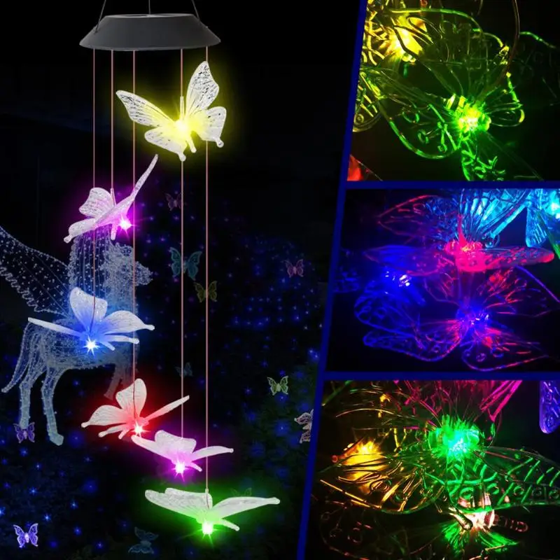 6LED Солнечный свет IP65 бабочка ветер Chime лампа Открытый сад двора Декор