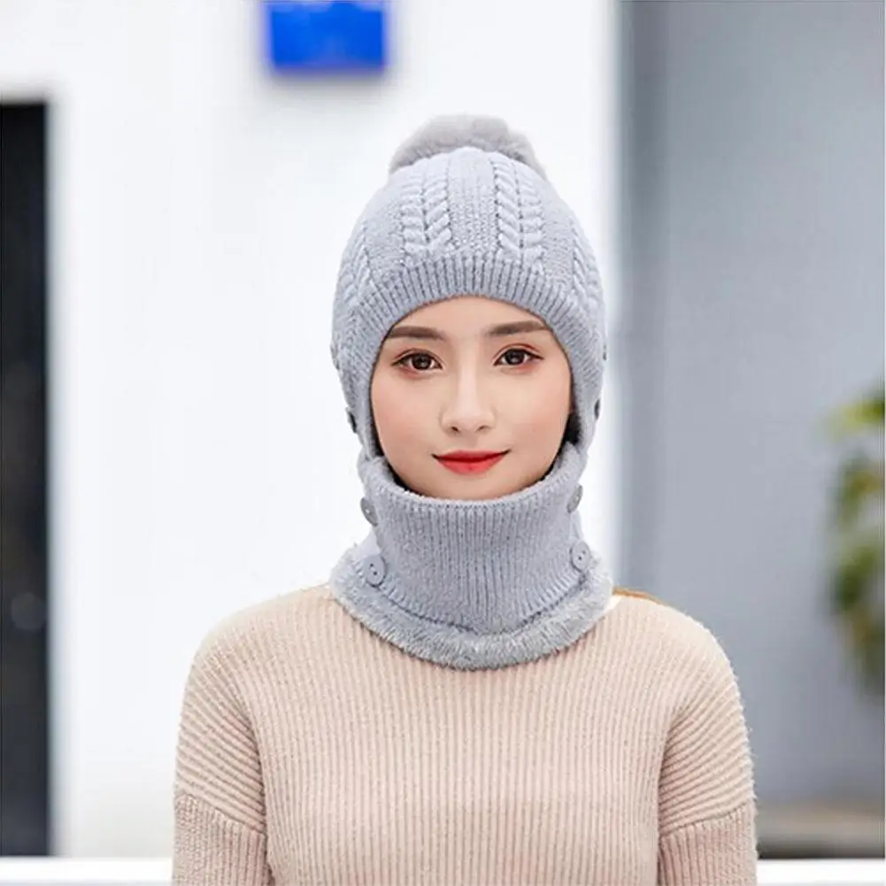 MISSKY Lady Warm One-piece Women Hat-Mask-Scarf Winter Thicken Knitting Wool Ball Riding Outdoor Beanies For Female