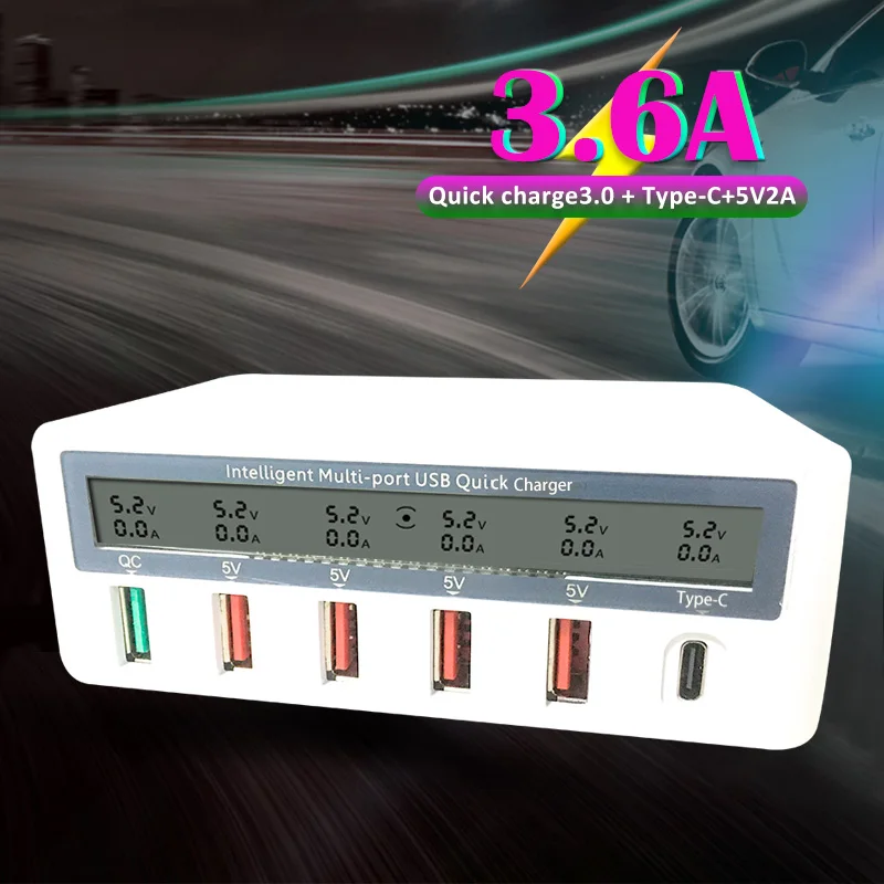 

6 Ports Fast USB Charger Station Led Display Quick Charging Desktop Power Adapter with Type C Port 3.0 chargeur qc portable