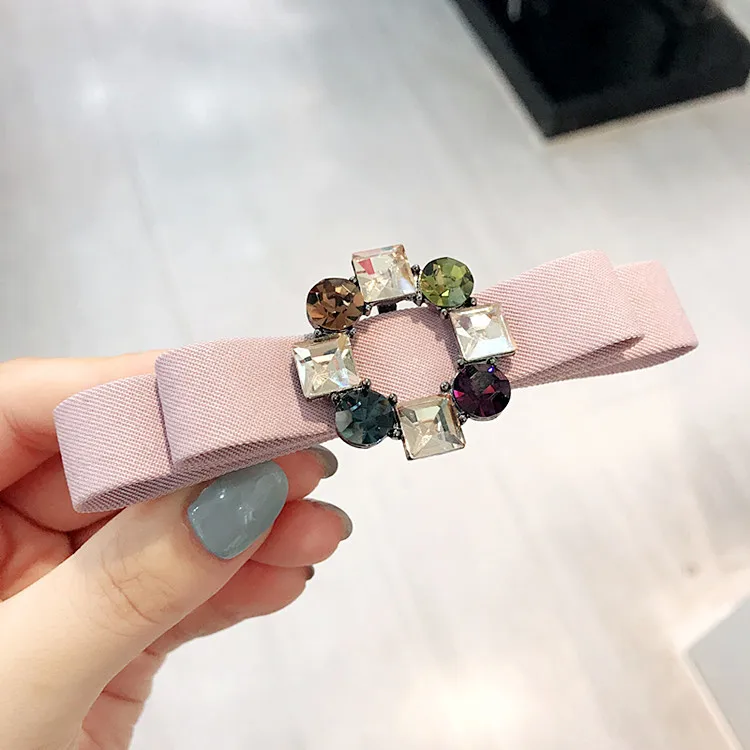 Pink Корейский простой конский хвост держатель головной убор девушка лук Кристалл Стразы заколки для волос для женщин модные шпильки аксессуары для волос - Цвет: Pink
