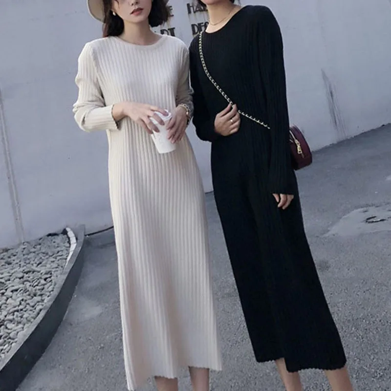 Женское платье свитер 2019 модное свободное на улице с круглым вырезом и