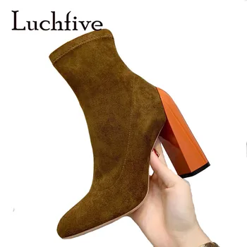 

Orange block heel winter boots black stretch leather sock boots shoes women ankle boots 10.5cm high heel boots