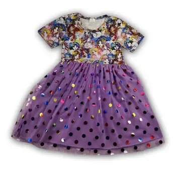 

short sleeve cartoon pattern with light color tulle girl dress