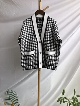 

Women Sweater 2019 Autumn and Winter New Wild Plaid V-neck Knit Cardigan Jacket