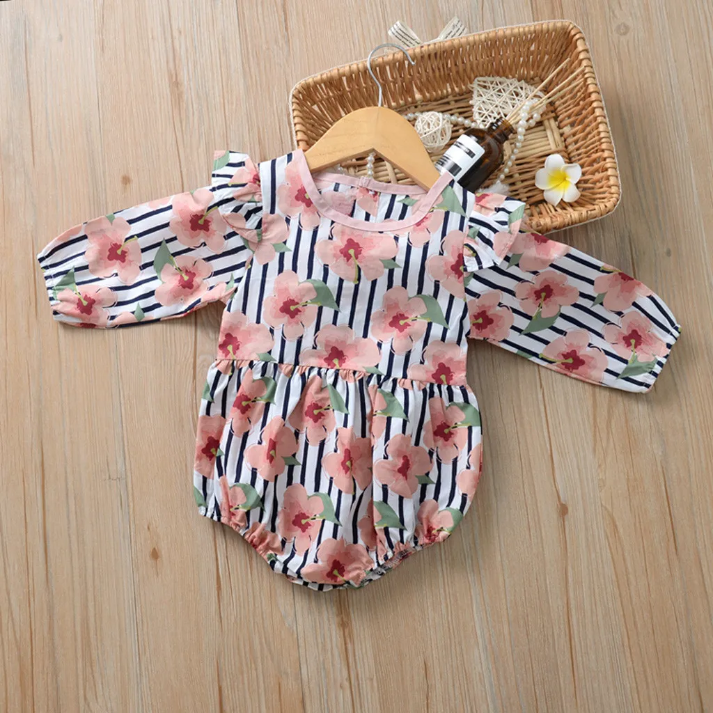 Осенняя детская одежда для девочки, хлопковый комбинезон с длинными рукавами и цветочным рисунком, детская одежда для новорожденных, повседневный костюм для малышей