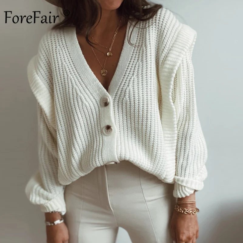 Forefair женский свитер с длинным рукавом белый V-образным вырезом 2020 теплый плотный