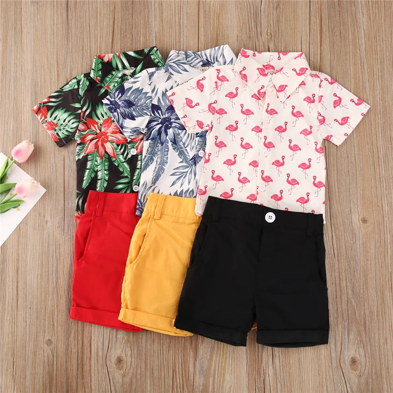 Fashion Summer Toddler Baby Boys Clothes Sets Floral Flamingo Short Sleeve Shirts Tops+Solid Shorts 2pcs Outfits | Детская одежда и