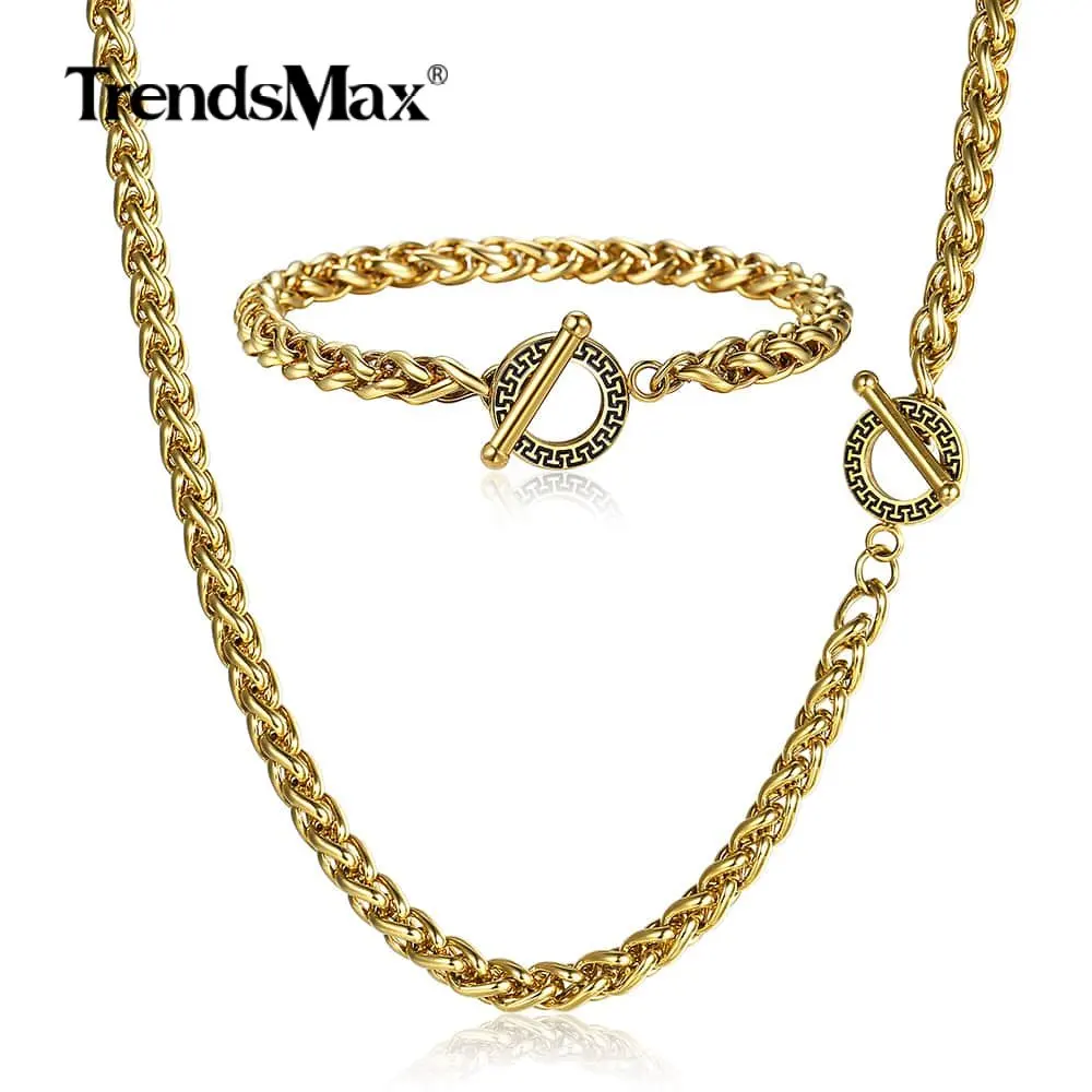 

4mm/5mm Stainless Steel Chain Necklace Bracelet Sets for Men Women Unique Toggle Clasp Wheat Link Chain Jewelry Set Gift TSS08