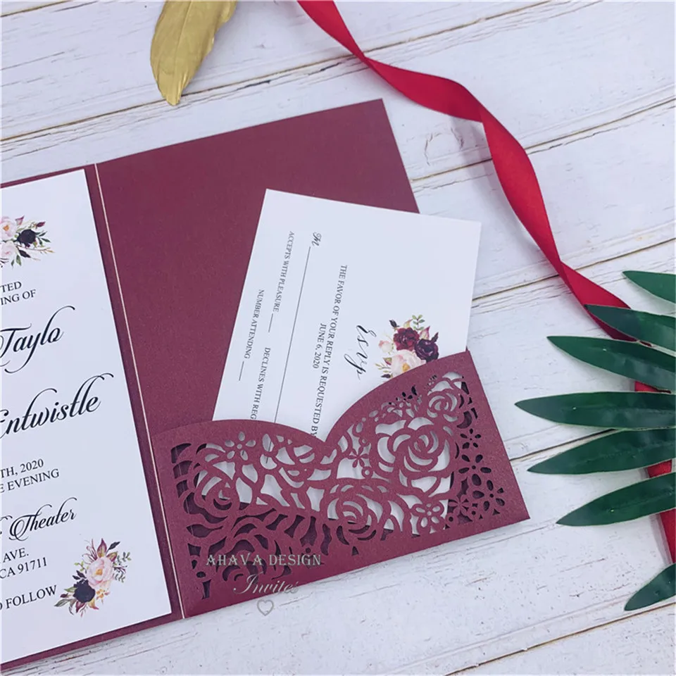 Красивое бордовое Lsser Свадебное приглашение с лентой живота, биркой, заказной вставкой и открытка RSVP