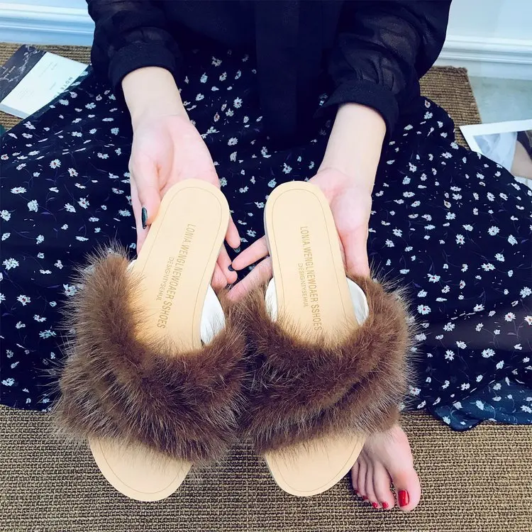 

2019 Spring And Summer New Style Mink Fur Cross Sandals Sweet Flat Heel Flat Furry Single-strap Slipper WOMEN'S Sandals Fashion