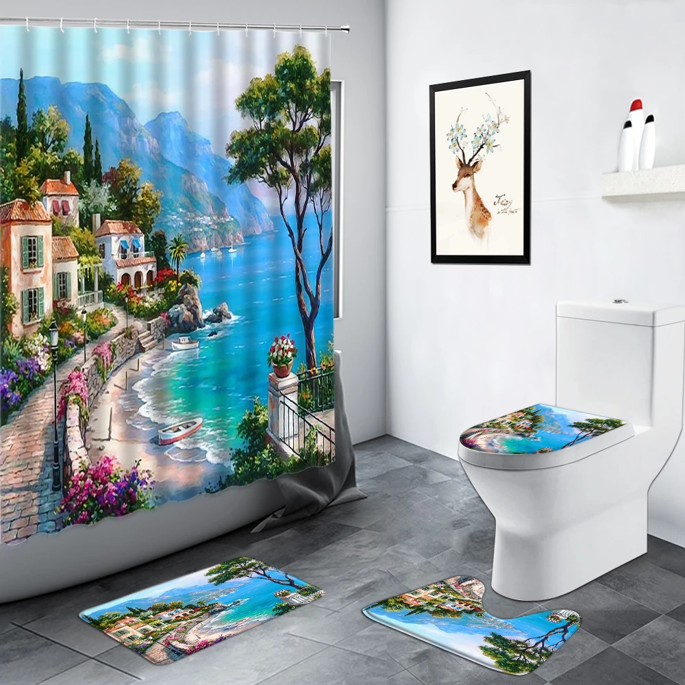 

Seaside Town Ocean Scenery Shower Curtains Set Bathroom Carpet Oil Painting Landscape Decor Non-slip Rugs Bath Mats Toilet Cover