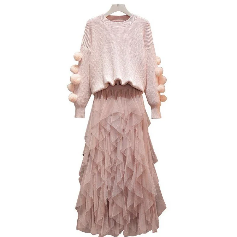 Новинка года! Осенняя Корейская женская мода, милый розовый вязаный свитер с помпонами+ Асимметричная сетчатая юбка с высокой талией, комплект из 2 предметов