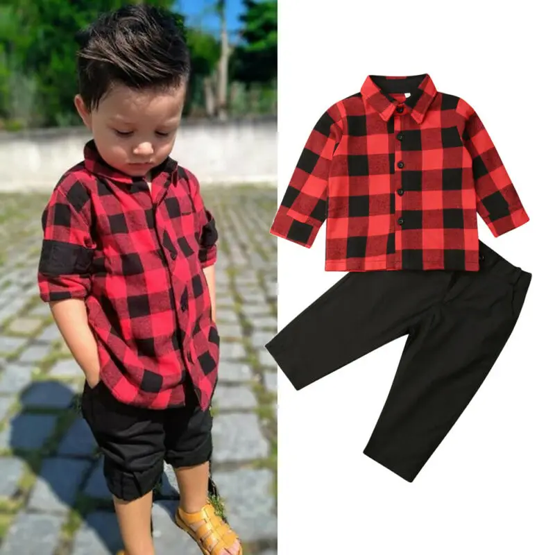 2Pcs Toddler Kids Baby Boy Formal Outfit Clothes Plaid T-Shirt Tops+Pants Set |