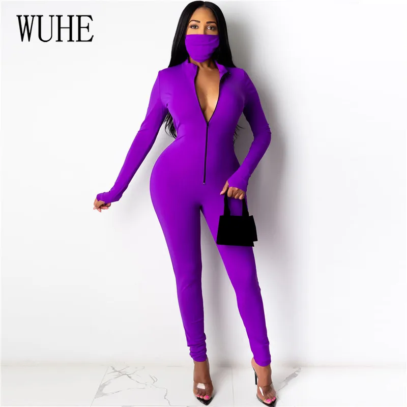 

WUHE Women Deep V Neck Long Sleeve Bodycon Jumpsuit Casual Streetwear Zipper Up Club Party Skinny Romper Solid Color Overalls
