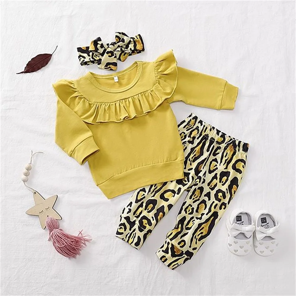 Toddler Kids Baby Girl Ruffles Sweatshirt Tops+ Leopard Pants+Headband 3pcs Outfits Clothes Size 0-24M