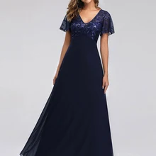 Lunghi Abiti da sera Mai Abbastanza EZ07706 Elegante Navy Blu Una Linea di Manica Corta Chiffon Del Merletto Del Ricamo Abiti Del Partito per la Cerimonia Nuziale