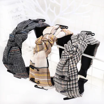 

DUOJIAOYAN Classic Plaid Pin Headband High Grade Fabric Girls Hairband Middle Bow Hair Accessories Women Lattice Stitch Headwear