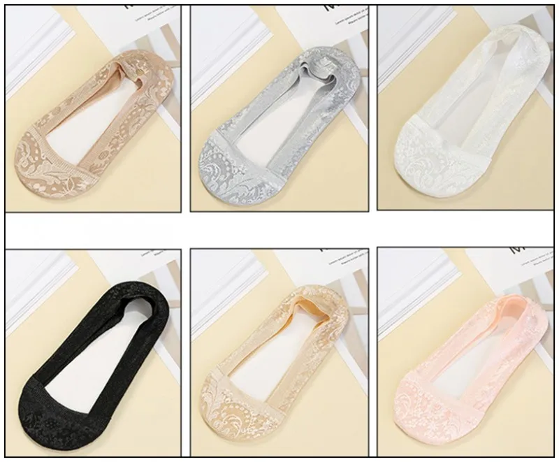 4Pair/lot=8pieces Lace-side Jacquard Shallow Mouth Women Socks Silicone Non-slip Odor-Resistant Female Boat Socks