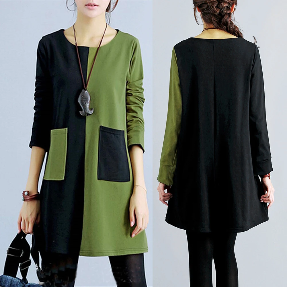 New Fashion Dress Women With Pocket Solid Color Long Sleeve Round Neck Loose Casual Autumn Winter Dress