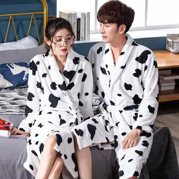 

Cow Print Bathrobe Female Warm Winter Flannel Home Robe Dressing Gown Women's Nightdresses Cute Bathrobe for Couple Sleepwear