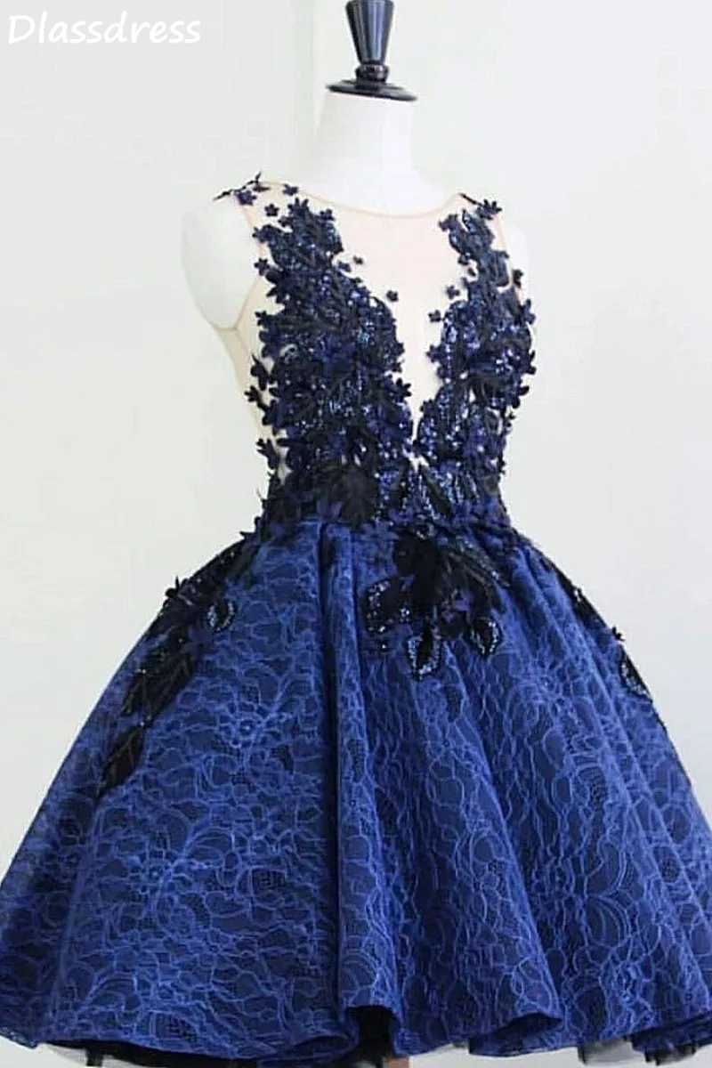 Blue Cocktail Dress Applique Sequin Laces A-line O-neck Sleeveless Mini Short Evening Party Dresses платья знаменитостей