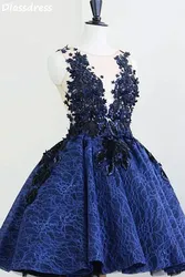 Blue Cocktail Dress 2020 Applique Sequin Laces A-line O-neck Sleeveless Mini Short Evening Party Dresses платья знаменитостей