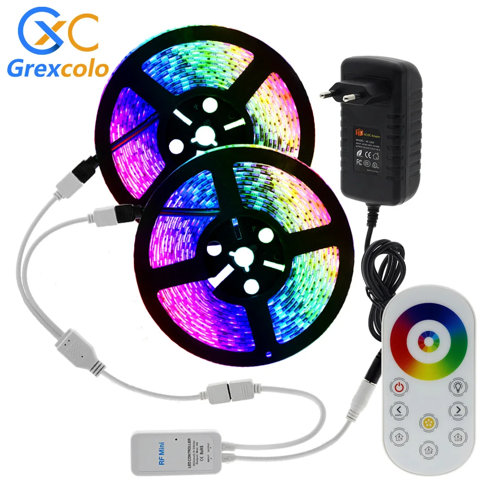 

RGB LED Strip Light 5050 SMD Waterproof Flexible LED Light Tape DC12V 5m 10m 15m RGB Neon Ribbon + RF Touch Controller + Adapter