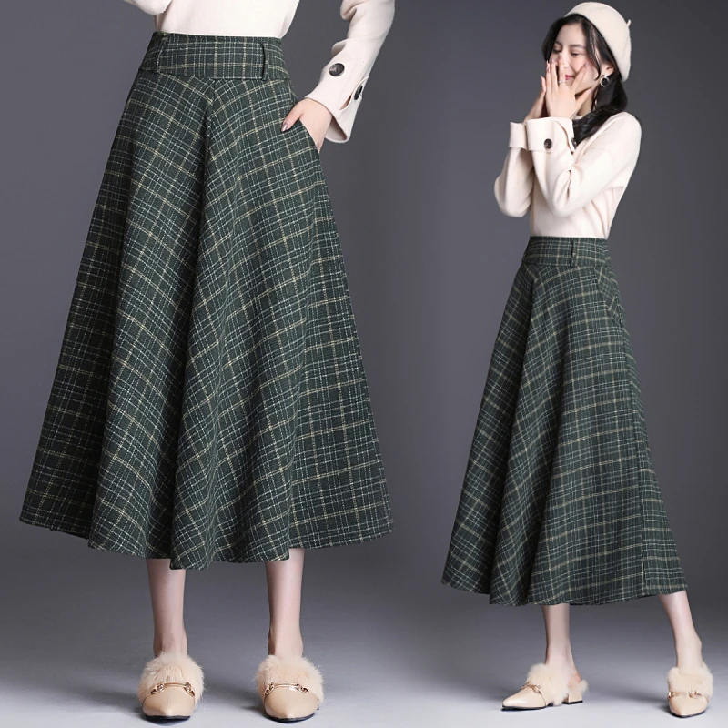 HAYBLST брендовая юбка женская Осень Зима Плюс Размер 3XL элегантный корейский стиль мода плед Высокая талия длинная одежда утолщение
