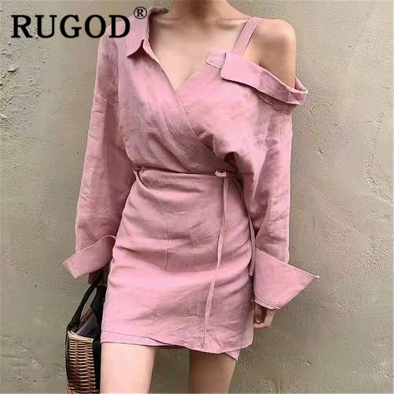 

RUGOD Women solid sexy shirt dress turn down collar off shoulder lace up slim mini dress new autumn fashion femme elegant robe