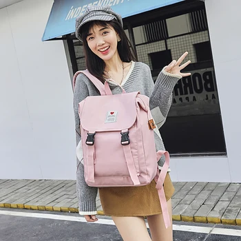 

Backpack Large Female Nylon Waterproof Pink Shoulder School Bag Solid Color Multi-pocket School Backpack for Teenage Girls Women