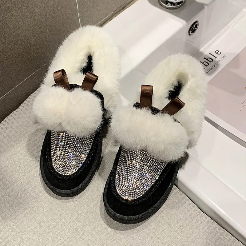 Winter new warm platform women's shoes with fur Rhinestone round head black flat shoes khaki soft brand design shoes q142 - Цвет: Black hair ball