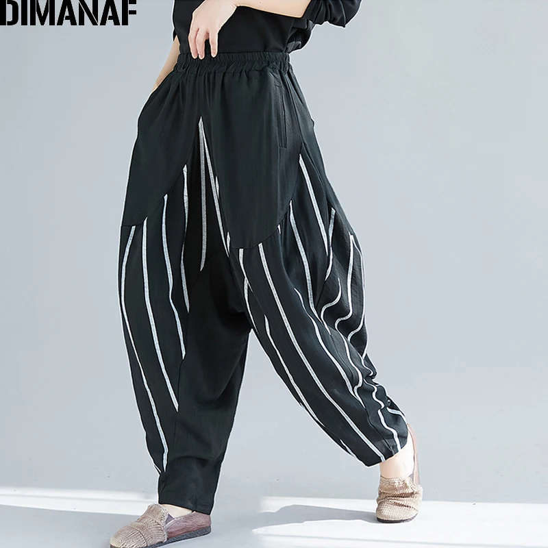 DIMANAF, женские штаны, Ретро стиль, брюки, хлопковые, в полоску, черные, женские, шаровары, свободные, размера плюс, весна