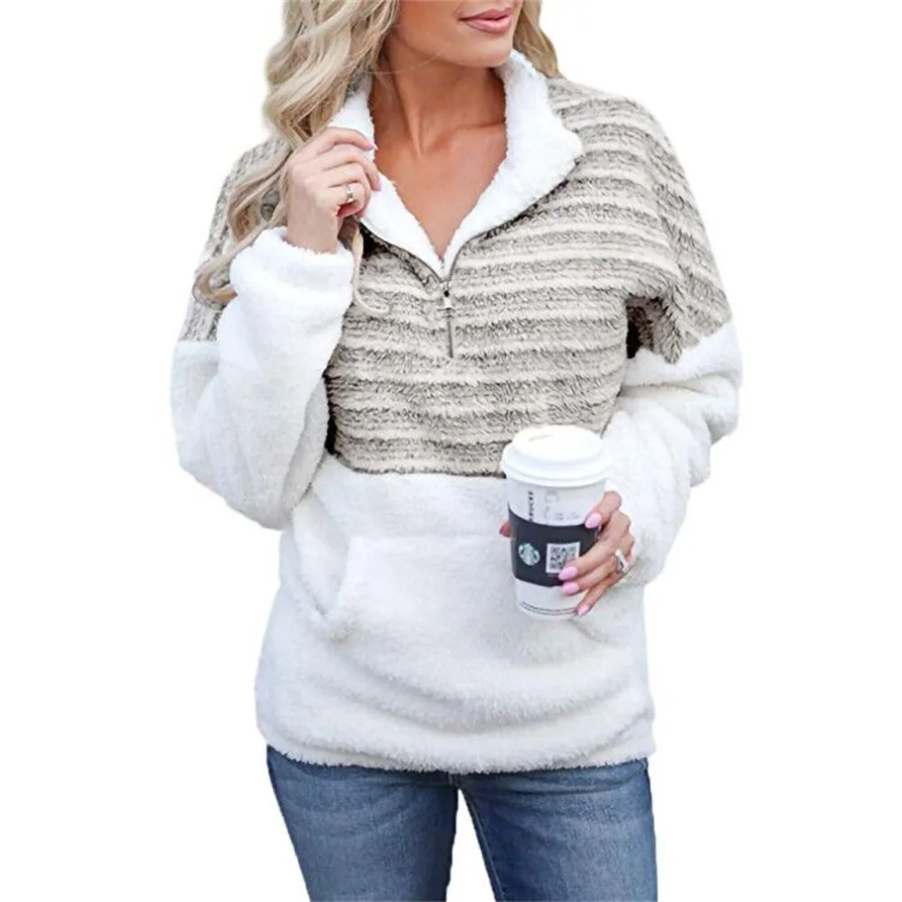 New Ladies Thick Pullover Fashion Striped Stitching Sweater Autumn Winter Large Size 5XL Ladies Fleece Half Zipper Warm Clothing