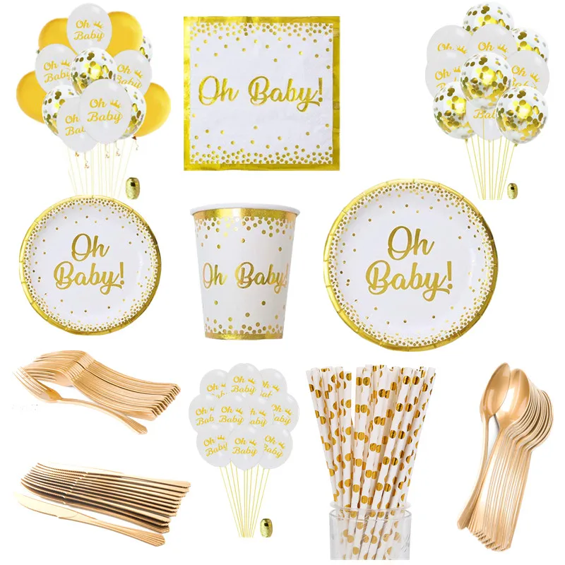 Oh Baby Shower Party Supplies Tableware Set with Gold Foil Footprint Includes 24 9 Plates 24 7 Plate 24 9 Oz Cups and 50 Lunch Napkins Disposable Paper Goods for Boy Girl Neutral Gender Reveal Decor 